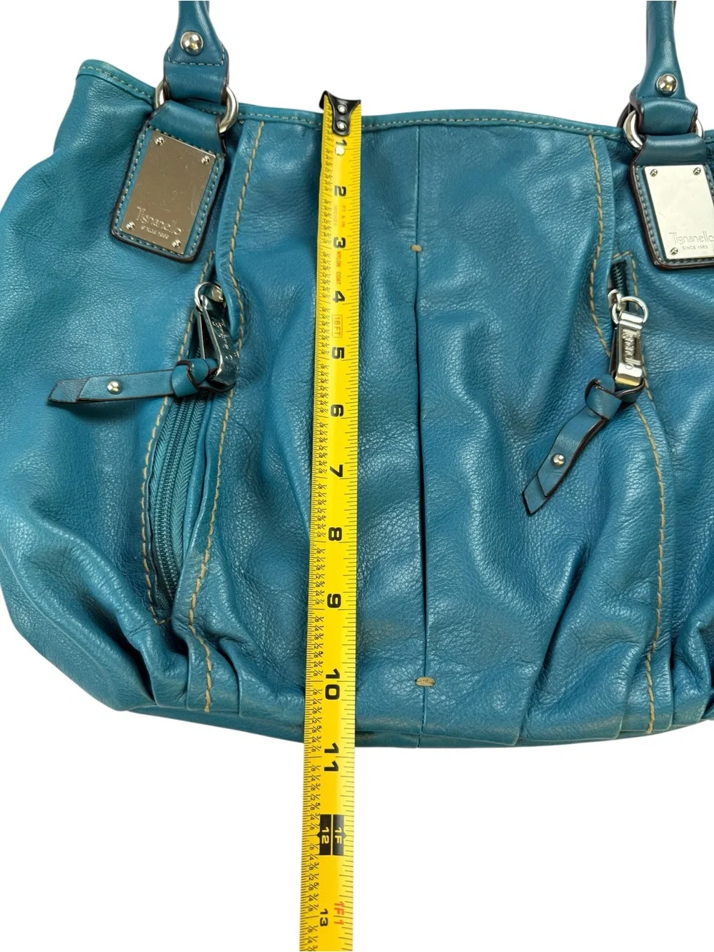 Tignanello Teal Blue Leather Shoulder Bag Silver Hardware Large Hobo Purse